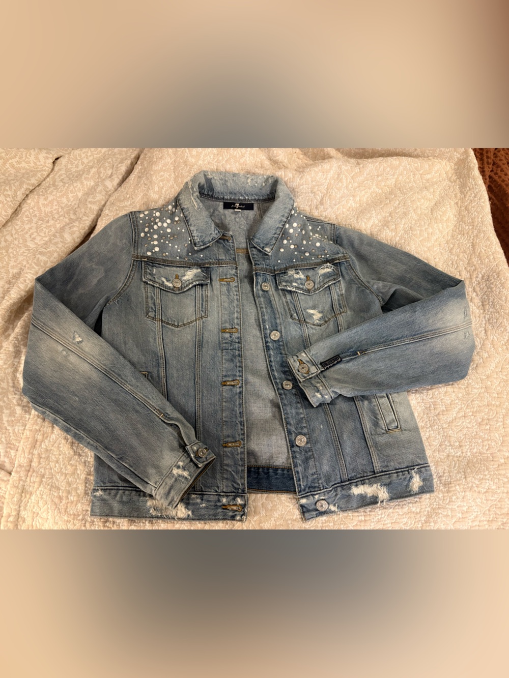 7 For All Mankind Light Blue Distressed Embellished Denim Jacket